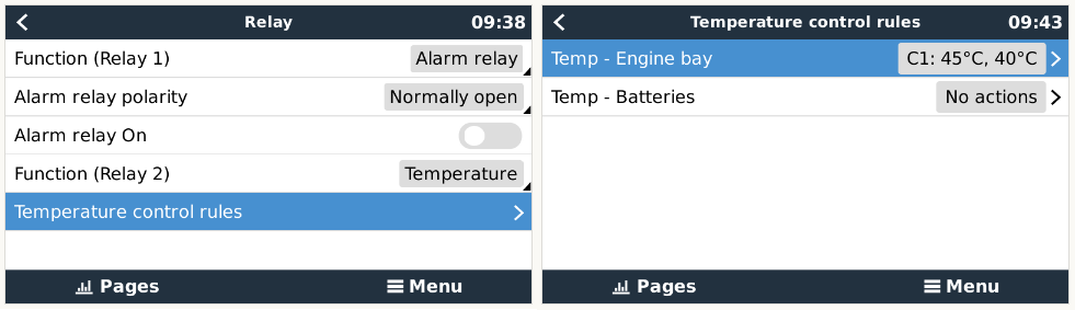 Display of the Cerbo GX on how to control the cerbo temperature relays using the input from the RuuviTag