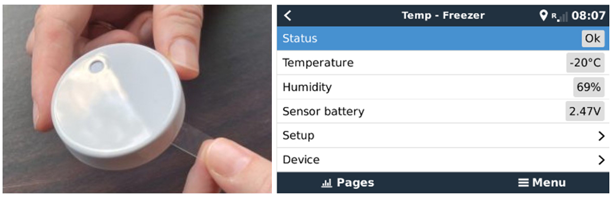 Ruuvi temperature sensor reporting data to the Cerbo GX with GX Touch 50 displaying the temperature, humidity, status, sensor battery